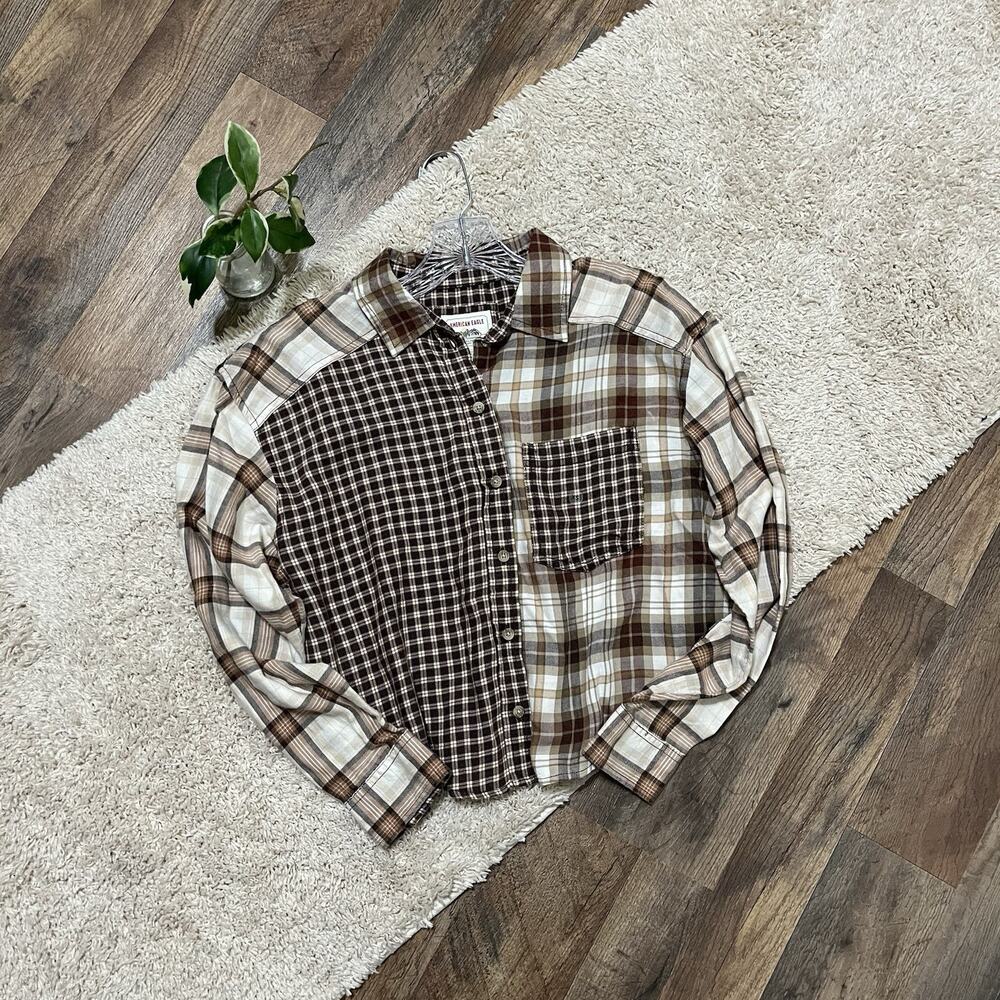American Eagle XS Brown Beige Mixed Plaid Cropped Button Down Flannel Top NWOT